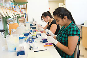 Two female students working in a lab environment